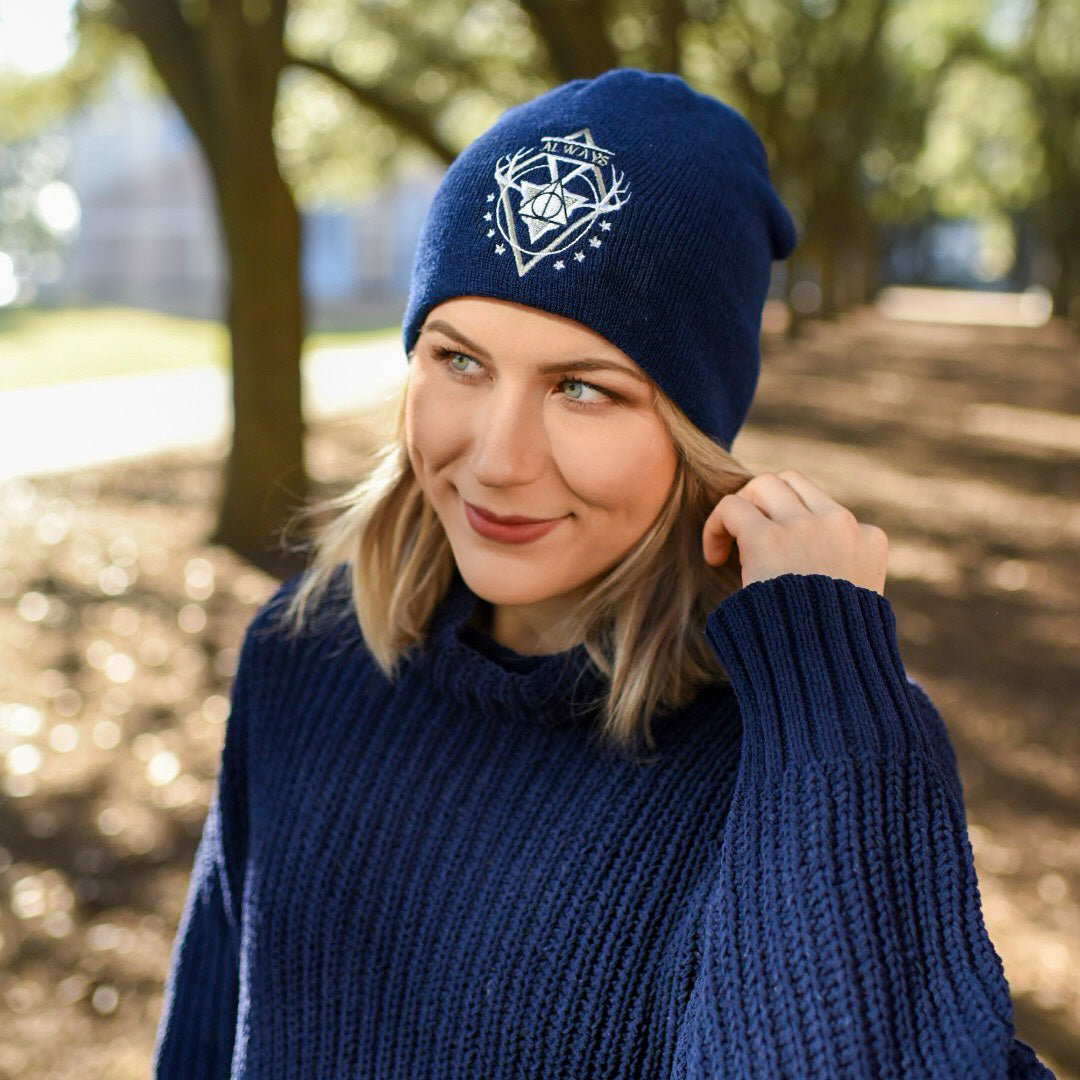 Navy blue magic school witchcraft and wizardry embroidered beanie