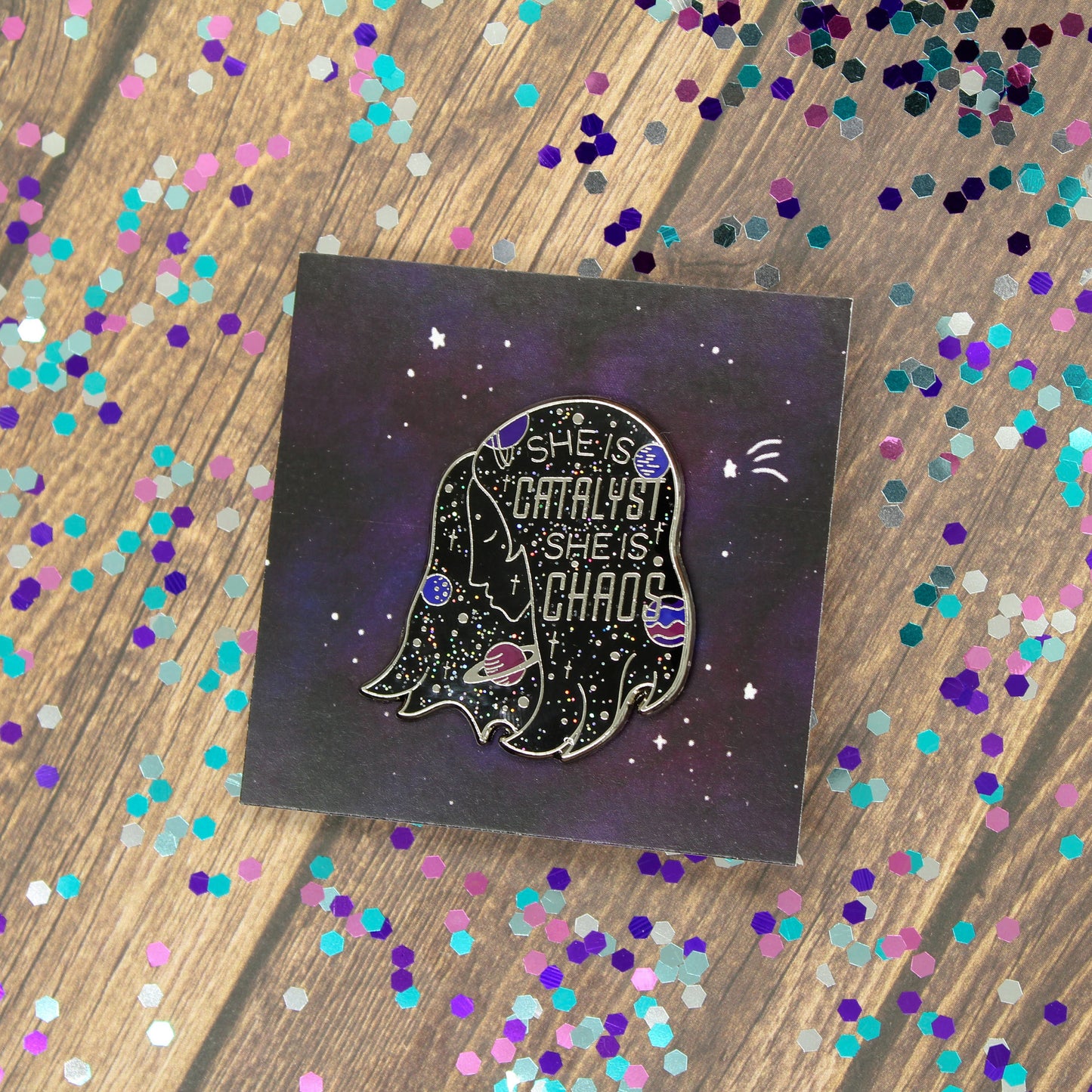 Galaxy girl space head motivational quote enamel pin inspired by illuminae books