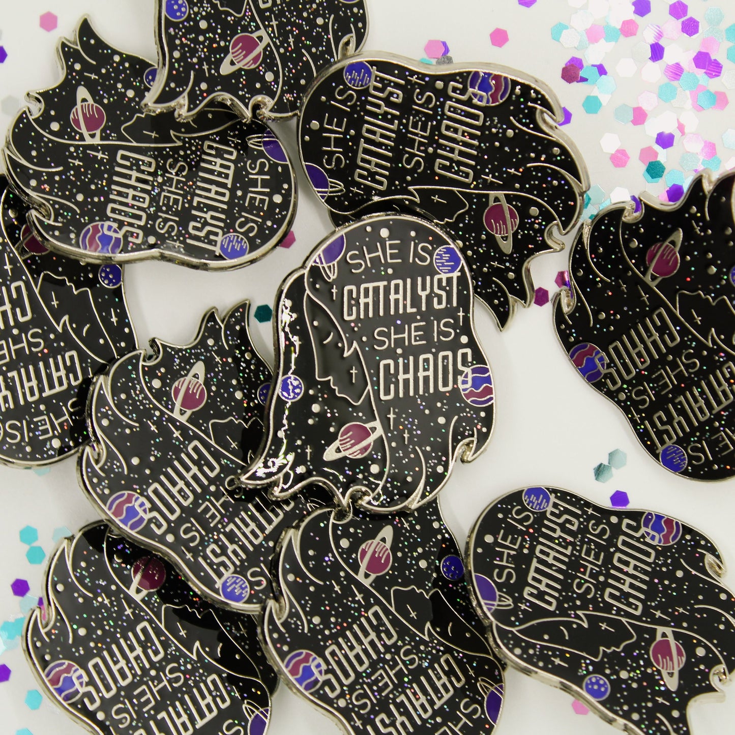 Galaxy girl space head motivational quote enamel pin inspired by illuminae books