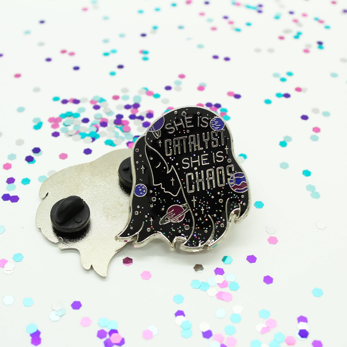 Galaxy girl space head motivational quote enamel pin inspired by illuminae books