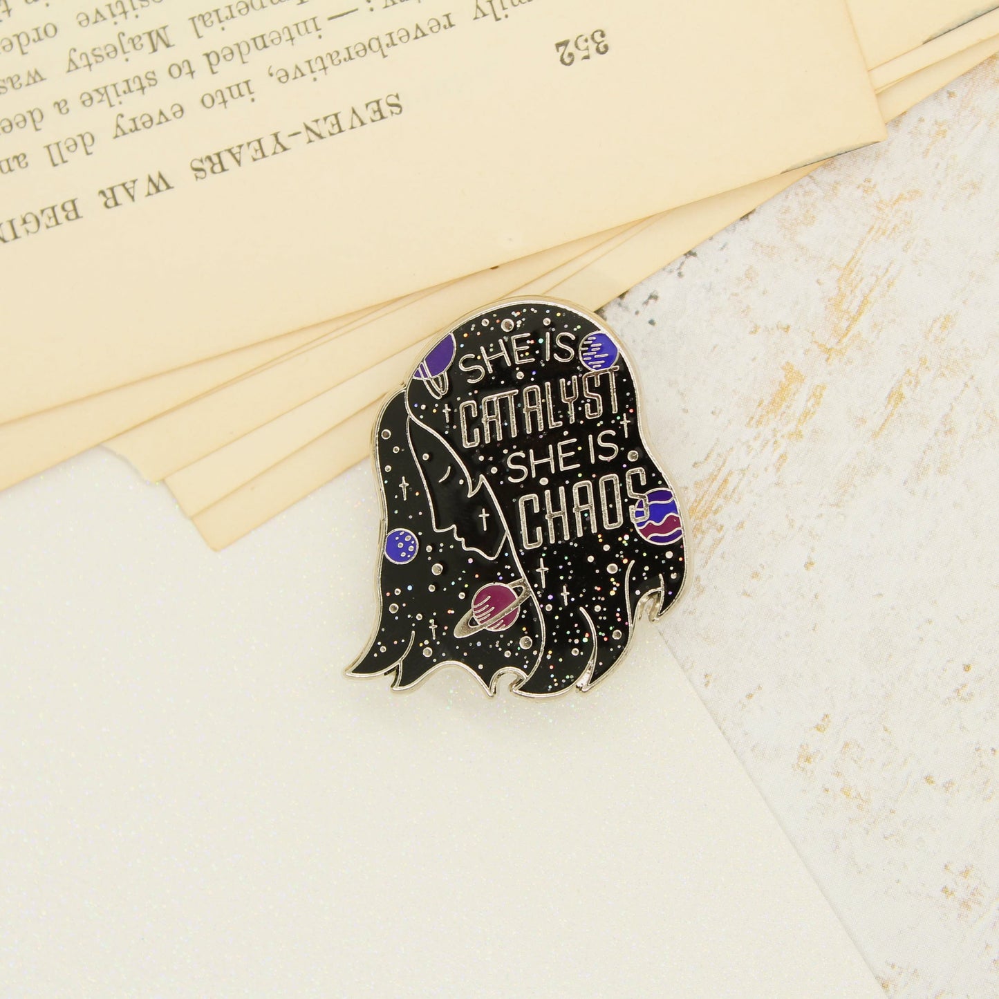 Galaxy girl space head motivational quote enamel pin inspired by illuminae books