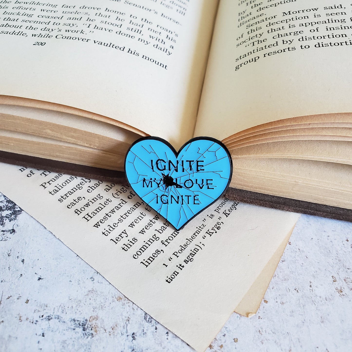 Shatter me glass heart ignite my love bookish enamel pin