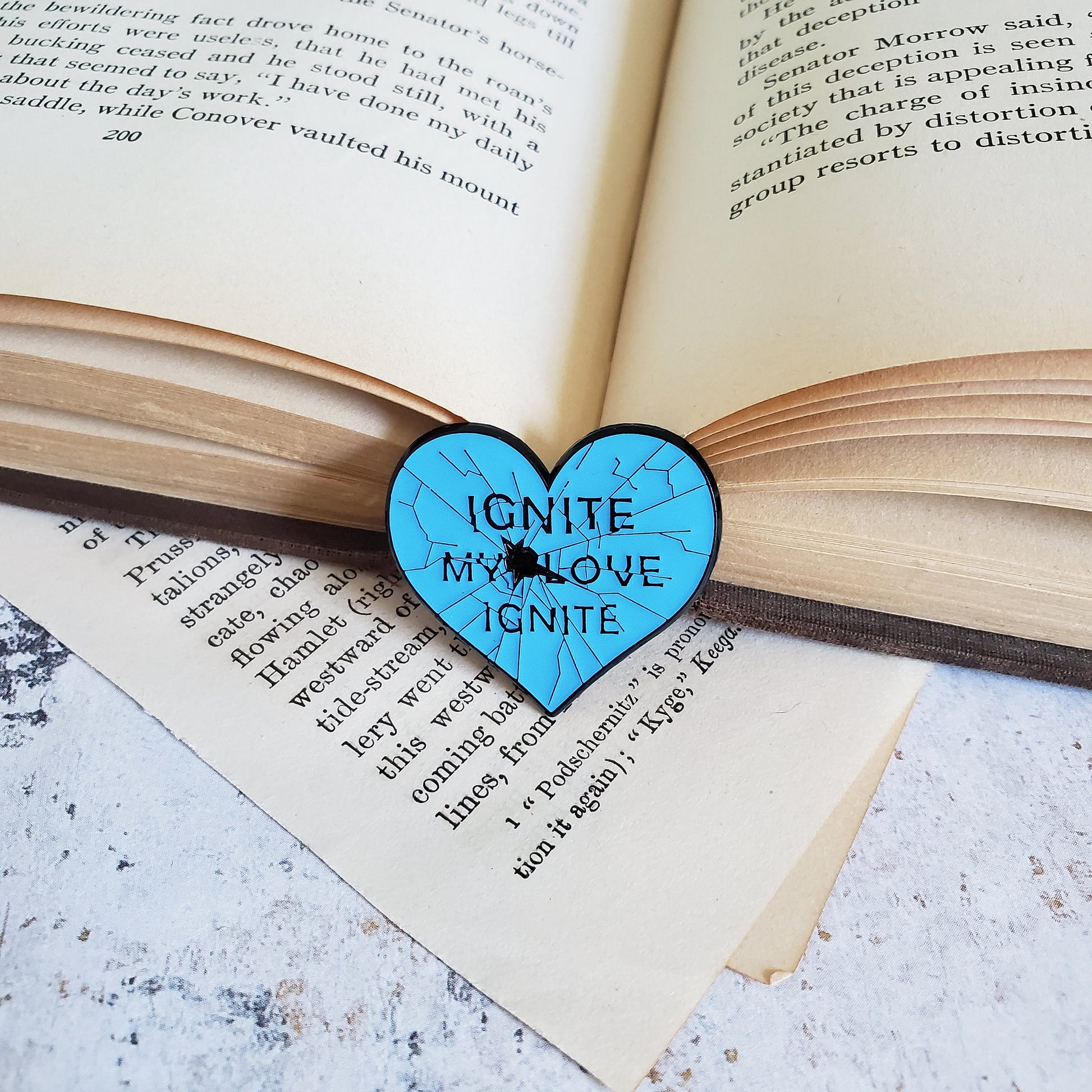 Shatter me glass heart ignite my love bookish enamel pin