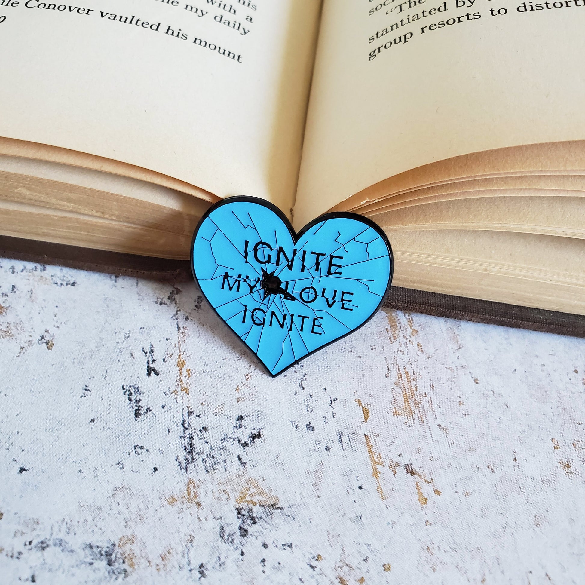Shatter me glass heart ignite my love bookish enamel pin