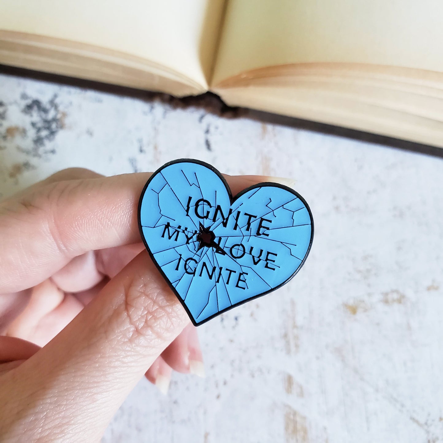 Shatter me glass heart ignite my love bookish enamel pin