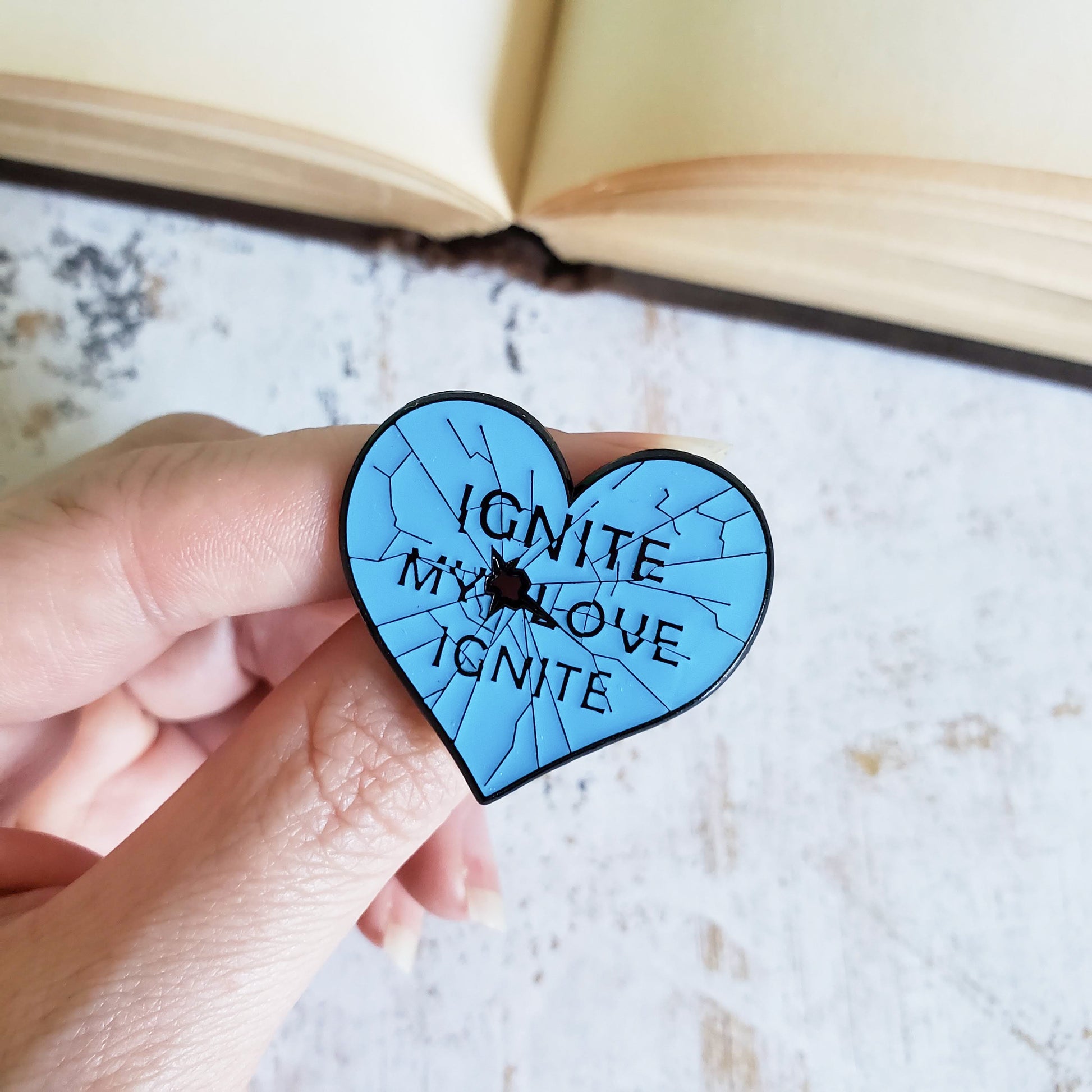 Shatter me glass heart ignite my love bookish enamel pin