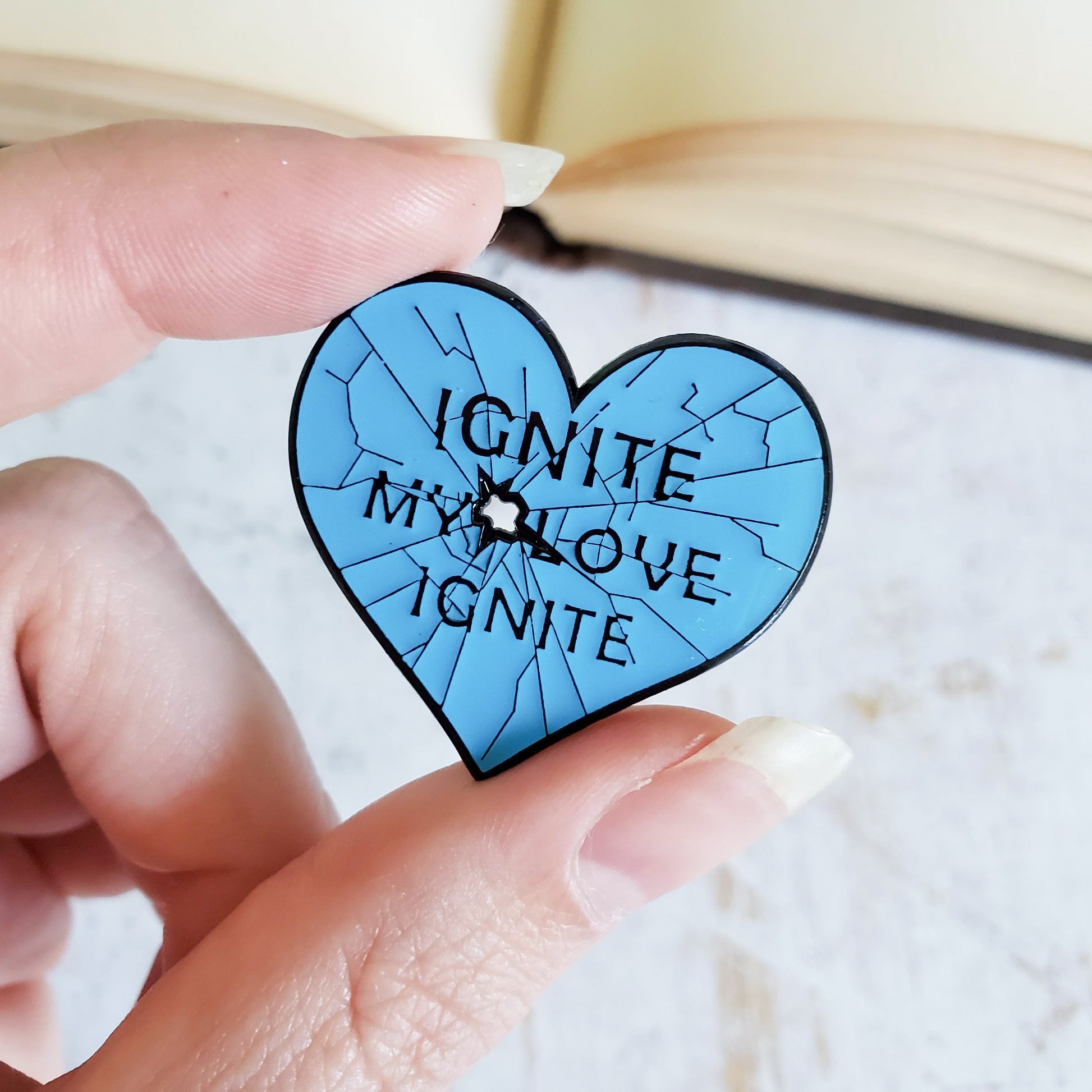 Shatter me glass heart ignite my love bookish enamel pin