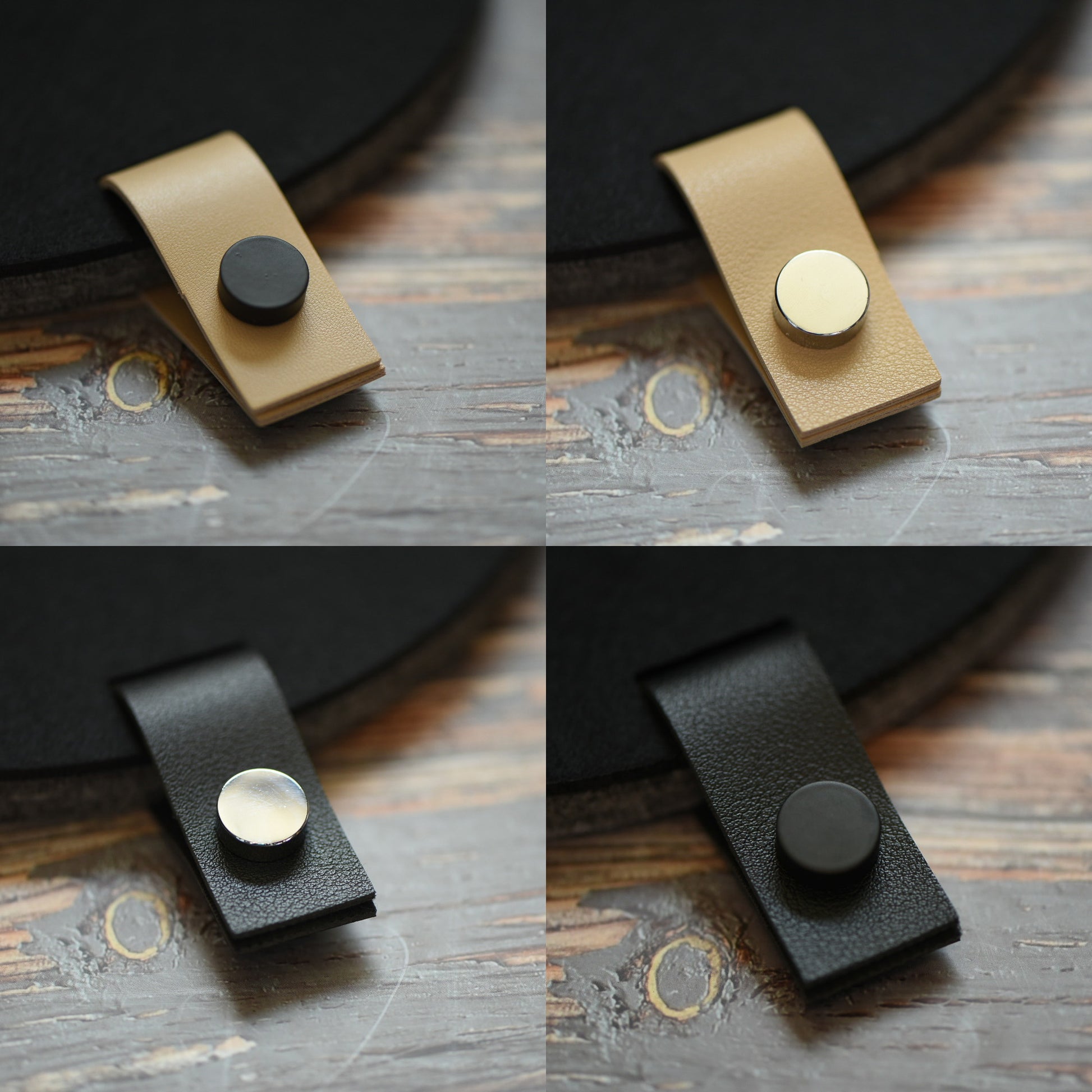 Faux leather hanging tabs with black button attached to a felt board for pin collections and organization