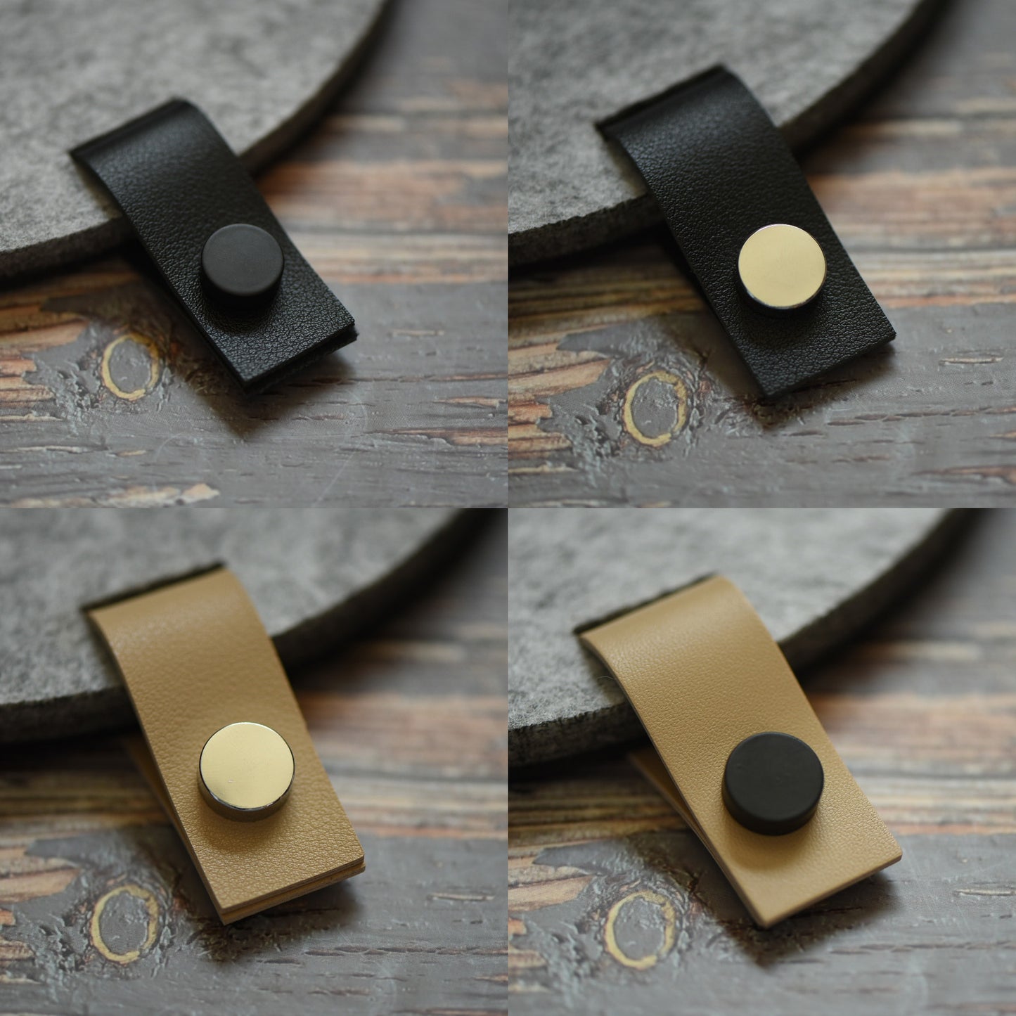 Faux leather hanging tabs with black button attached to a felt board for pin collections and organization