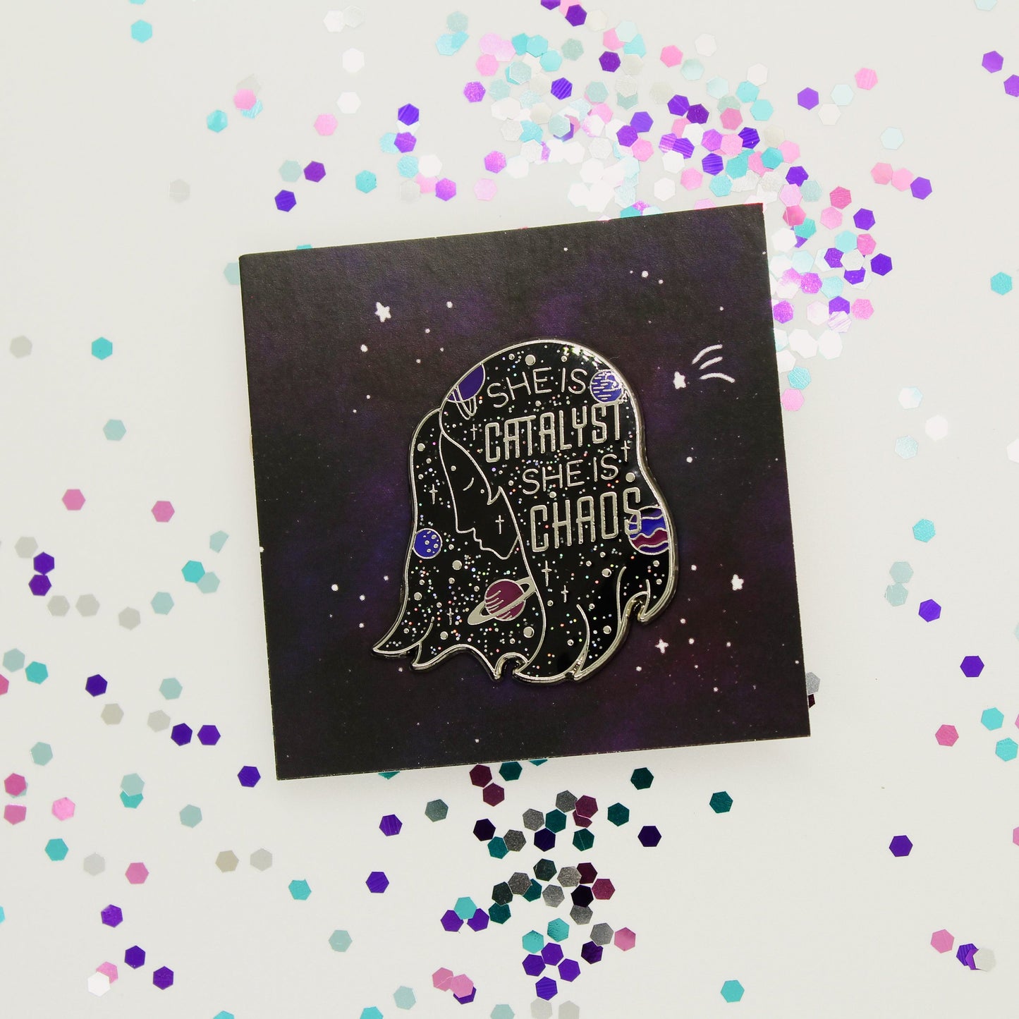 Galaxy girl space head motivational quote enamel pin inspired by illuminae books