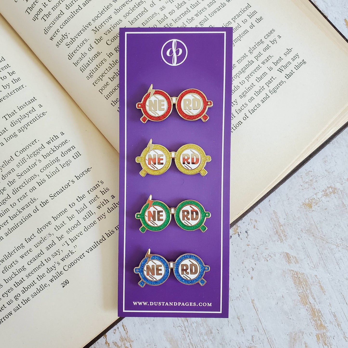 Wizardry and witchcraft house colors nerd glasses red blue green yellow enamel pins